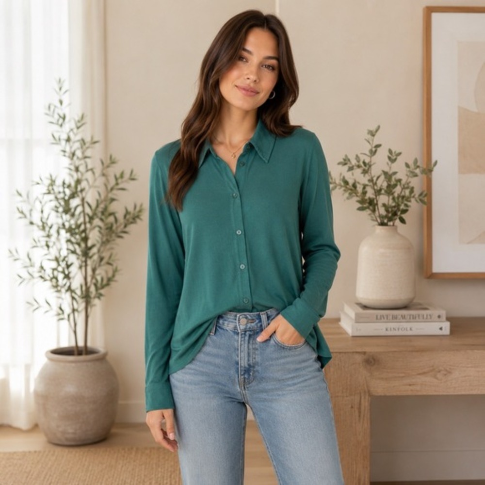 Wilfred Aritzia Button Front Blouse Women L Teal Green Jersey Knit Top